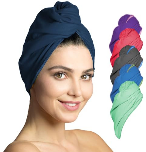 Fit-Flip Haarturban Mikrofaser - 1 Stück Haarhandtuch mit Knopf - schnelltrocknend und saugstark - Microfaser Kopf Turban - Haar Handtuch (Marineblau)