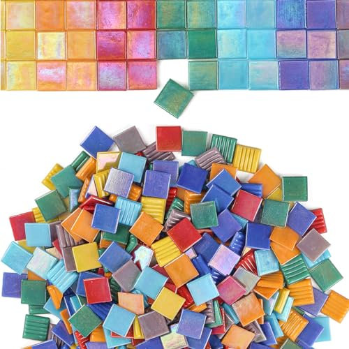 Youway Style Vitreous Mosaic Tiles for Crafts Bulk, 2.2lb Iridescent Mosaic Glass Tiles for Art Crafts, 3/4 inch Square Stained Glass Pieces