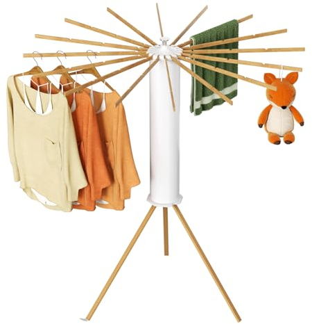 MYXLINK Octopus Wäscheständer, zusammenklappbar, platzsparend, Dreibeinstativ, Wäscheständer, Kleidung mit 16 Stangen, perfekt für drinnen, draußen, Balkon, Wohnmobil und Reisen (Holz)