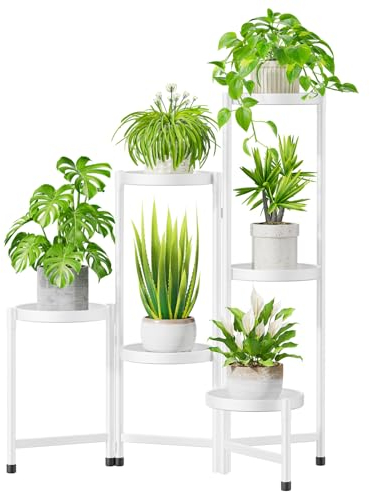 JC-Houser 6 Tier Plant Stand Indoor Tall, Metal Corner Plant Stands Outdoor for Plants Multiple, Folding Tiered Plant Shelf Flower Holder Display Rack for Window Porch Garden(White)