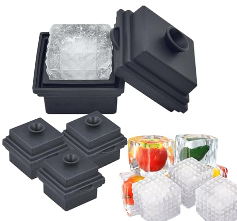 Silicone Large Ice Cube Trays with Funnel Lid, Clear Ice Cube Mould, Prism Ice Cube Mould Easy Release, 7cm Slow Melting Big Ice Cube Perfect for Whiskey, Cocktail and Any Drink (4)