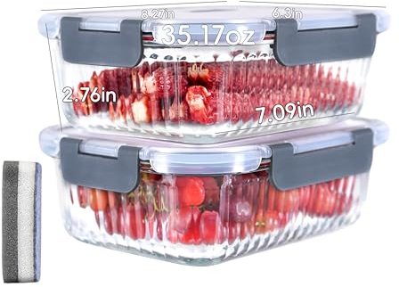 LNWSN 1040ml Frischhaltedosen mit Deckel, 2er Set Glasbehälter mit Deckel, Versiegelter Food Container, Vorratsdosen Glas mit Deckel, Meal Prep Boxen Glas für Lebensmittel, Mikrowellen, BPA-Freie