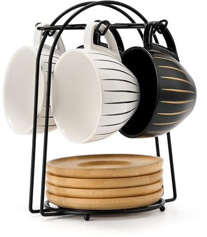 LUKA - Set di tazze da caffè espresso demitasse in ceramica con piattini e supporto in metallo, tazze in porcellana da 237 ml per tè, caffè con latte, moka, set di 4 pezzi, bianco e nero a righe