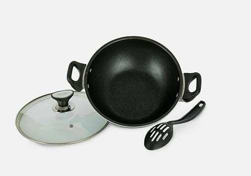 UWEVO Non-Stick Deep Frying Pan Wok – Aluminium Stir Fry Pan with Glass Lid – Induction Base – 32cm Cooking Wok for Gas, Electric & Ceramic Hobs – Lightweight & Easy to Clean