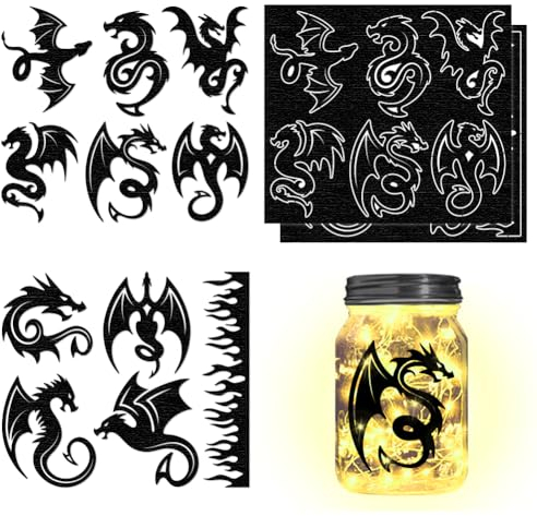 CHGCRAFT 4Pcs Dragon Silhouettes Laser Cutouts Decals Mason Jar Decor Ornaments Dragon Scrapbook Paper Cuts Jar Cutouts Window Decals Glass Wall Art Mural Home Decorations
