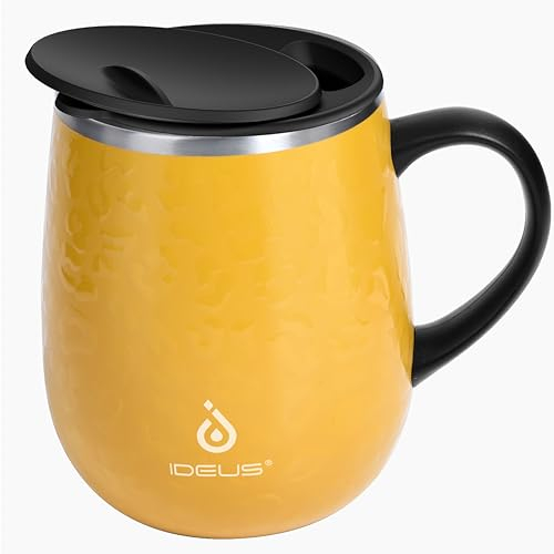 Ideus Coffee Mug 470ml (16oz), Double Wall Vacuum Insulated Stainless Steel Coffee & Tea Cup w/Non-Slip Handle & Slider Module Lid & Large Volume (Leopard Yellow), SHAMSS16LEOBE