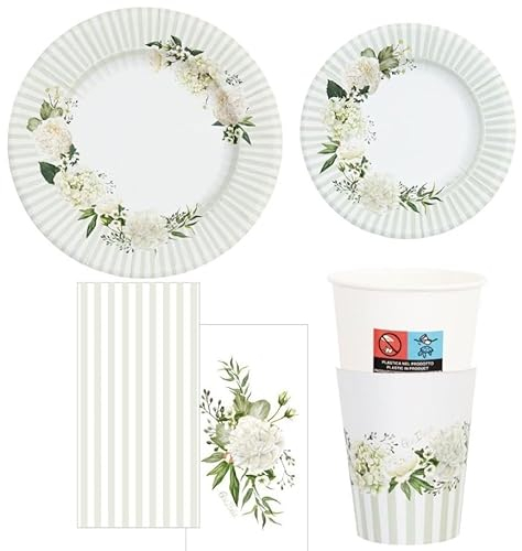 Set 40 pezzi - Coordinato tavola FLORAL WHITE PEONIE Bianco, Decoro feste compleanno matrimonio comunione, cresima - 8 piatti 27cm + 8 piatti 21cm + 8 Bicchieri +16 tovaglioli in 2 decori assortiti