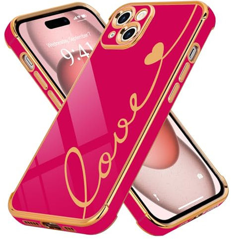LCHULLE Compatible with iPhone 15 Case for Women Girls,Cute Luxury Plating Love Heart Design Soft TPU Cover Shockproof Full Camera Lens Protection Phone Case for iPhone 15,Hot Pink