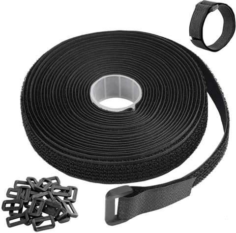 Mynoozi 5m x 2cm Klettband mit 25 Schnalle, Lang Klettkabelbinder, Wiederverwendbare Klett Kabelbinder für Kabel, Drähte, Seile, Schläuche, Drahtmanagement-Freie Schnittlänge-Schwarz