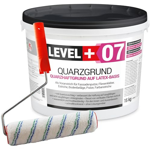 LEVEL PLUS 07 Quarzgrund mit Quarzsand unter Putze - Haftgrundierung | für Innen & Außen - Weißer Putzgrund, Schnell Trocknend, Wasserabweisend & Lösemittelfrei - 15 kg mit Farbroller 25cm