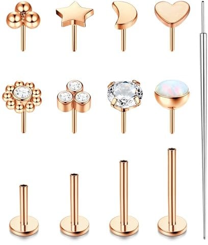Chriscoco 16G G23 Titanium Labret Piercing Jewellery Rose Gold Labret Stud CZ Opal Flat Back Tragus Stud Lip Piercing Nose Studs Lip Bar Helix Piercing Medusa Tragus Piercing Jewellery 6/8/10/12MM