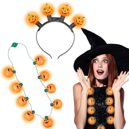 Hifot 2 Pièces LED Serre Tete Citrouille Lumineux Collier Halloween Femme Serre Tete Halloween Citrouille Enfant Deguisement Citrouille Enfant Adulte Carnaval Mascarades