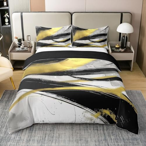 Homewish Funda de edredón con diseño de rayas geométricas, funda de edredón con estampado de rayas degradadas, juego de ropa de cama de arte abstracto amarillo, juego de cama de pintura de tinta