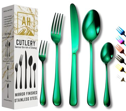 Emerald Green Cutlery Set, Dinner Sets for 6 People, Knife and Fork Sets, Dishwasher Safe Stainless Steel Cutlery Set, Elegant Tableware 30 Pcs Christmas Dinnerware Sets with Spoon Knife and Fork.