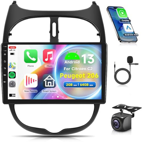 2G+64G Wireless Carplay Android 13 Autoradio 2 Din für Peugeot 206 206CC 206SW 2000-2016 Citroen C2 2002-2010 9 Zoll Autoradio Android Auto Navi GPS WIFI Mirror Link Bluetooth FM/RDS/EQ Rückfahrkamera