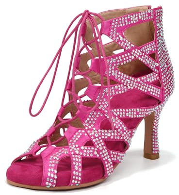 YKXLM Stivali da Ballo Latino Americano Donna con Punta Aperta Strass con Tacco Scarpe da Ballo Donna,Tacco 8.5 cm,Rosa,39EU