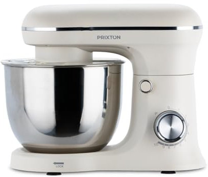 PRIXTON Mixeur pétrisseur KR250 pour pâtisserie, puissance 1500 W, 10 vitesses, bol en acier inoxydable de 5 litres, 3 accessoires, couvercle transparent (Blanc Crème)