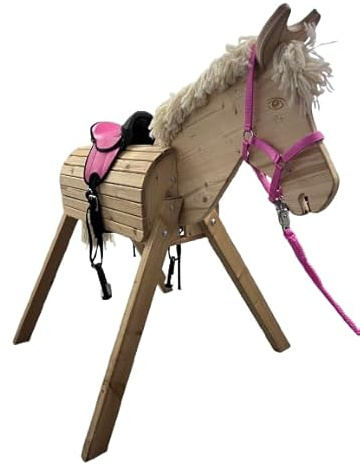 Rülke Holzspielzeug Gartenpferd Tom - Set in Rosa inkl. Sattel, Halfter, Führleine Holzpferd für draußen |125x 135x 100 cm (LxHxB) | Bis 100 kg | ab 3 Jahren | Handgefertigt in Deutschland