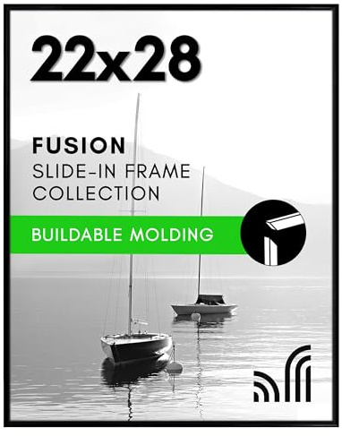 Americanflat 22x28 Poster Frame with Polished Front Cover - Slide-In Photo Frame with Buildable Molding - Fusion Collection - Picture Frames for Wall Display - Black