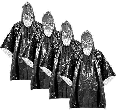 SQAQS 4Pcs Emergency Survival Poncho, Emergency Foil Blanket, 100*130cm, Thermal Emergency Raincoat Poncho, for Outdoor, Mountain Climbing, Cycling, Hiking, First Aid, Rainy Days (Black)