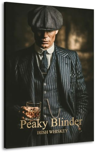 Kunstgestalten24 | Peaky Blinder Whisky Bild auf Leinwand – Shelby Gentleman Motiv im Vintage Look als Kunstdruck mit Echtholz-Keilrahmen – Wandbild für Büro Bar Lounge | 80x120cm, 2cm Rahmentiefe