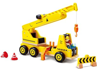 Hape Mobiles Kran- und Baustellenset - ausfahrbarer Kranarm, Rollenspiel für Kinder, Baustellen Spielzeug mit Kran und Zubehör, Fahrzeug- und Lernspiel aus Holz, für Kinder ab 2 Jahren