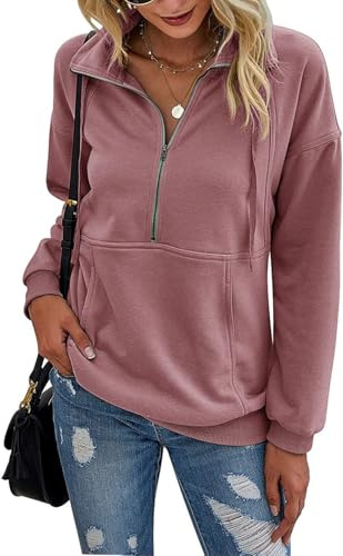Beonych Sweatshirt Damen Pullover Elegant Langarmshirt Baumwolle Pulli Herbst Winter Casual Sweatjacke Oberteile Langarm mit Taschen (Rosa, M)