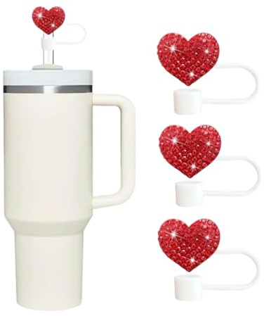 3Pcs Bling Hearts Straw Covers Cap for Stanley Cup, Bling Diamond Rhinestone, 10mm Silicone Toppers, Straw Topper Compatible for Stanley 30&40 Oz Tumbler with Handle, Reusable Straws (Red)