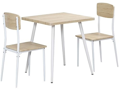 VSOGA 3-teilige Essgruppe Sitzgruppe Esstisch Set MDF + Metall Naturholzmaserung + Weiß mit 1 Tisch + 2 Stühlen