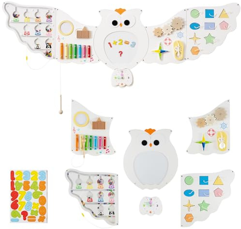DREAMADE Montessori Busy Board, Motorikbrett aus Holz mit Blöcken & Xylophon & Zahnrädern & Uhr, Montessori Wandboard Motorikspielzeug für Kinder ab 3 Jahren (Eule-Weiß)