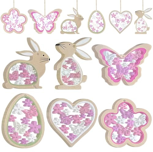 Touosy 24 Pezzi Coniglietto Decorativo da Appendere Decorazioni Pasquali in Legno, Decorazione in Legno, con Foro Ciondoli Albero Pasqua Decorazioni Sospese per Soggiorno Camera da Letto (Rosa)