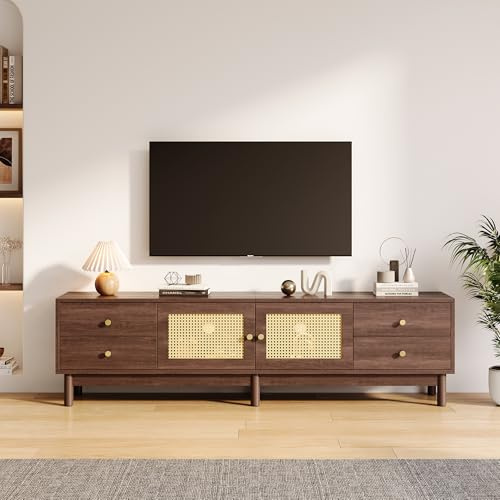 FammyLoft 180cm TV Schrank Holz, Rattan TV Bank mit 4 Schublade und 2 Rattantüren, TV Lowboard Sideboard für das Wohnzimmer 80 Zoll Fernseher, Fernseher Schrank mit Kabelmanagement, Braun