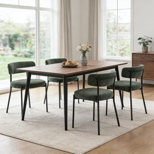 Lot de 4 chaises de salle à manger en velours côtelé, chaises de cuisine modernes, chaises rembourrées Mid-Century en bouclé avec pieds en métal noir, tissu chenille, pour cuisine et salon, Vert
