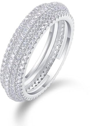 Damen Ring, Schmuck Ringe Damen 5,5 mm Ring Komplett mit Moissanit Besetzt Silber 14K Weißgold Größe 49 (15.6)