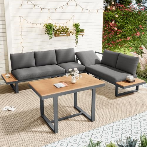Xwiny Gartenmöbel Set, Lounge Möbel Outdoor mit Neigungsfunktion bis 55°, 5-Teiliges, 2 Doppelsofa-Sofa, 1 Einzelsofa, 1 Ecksofa Set, 1 Tisch, Verzinktem Eisengestell, Alle Kissen Inklusive (Grau)