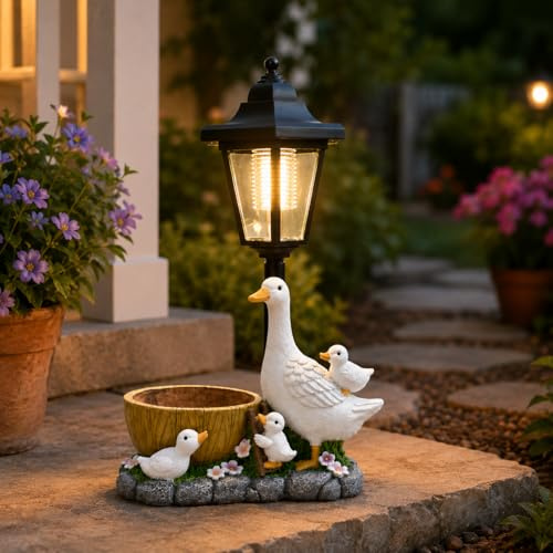 FunPlay 2026 Garden Duck Statues with Solar Lantern Flowerpot Outdoor Decoration, Duck Figurines Yard Art Sculptures for Patio Lawn Backyard Porch Ornaments, Indoor or Outdoor Decorations