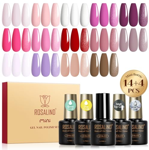 ROSALIND 18PCS Gel Nail Polish Pink with Base Glossy and Matte Top Coat | White Purple Nude Red Brown Gel Polish Set Starter Kit, Soak Off UV LED Mini Nail Art Manicure Salon DIY Gift