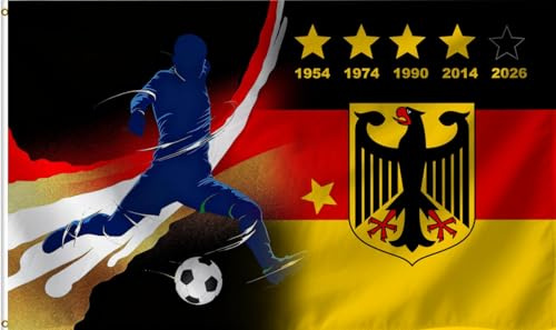 Deutschland Flagge 90X150cm, 2026 Deutschland Fahne mit Deutscher Adler und Fußball,lebendige Farbe,doppelt genäht, Polyester,mit Messingösen für Garten Innen- Außenbereich (five stars, 3x5)