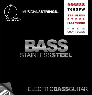 96658s 4-Saiten von Picato Edelstahl Flach Wound 45–100 Bass Gitarre Saiten, kurze Mensur von 4 Stück