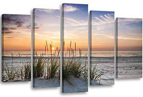 Feeby Bilder 5 Teile XXL Landschaft Grass Strand Typ A 250x120 cm Wohnzimmer Schlafzimmer Büro Flur Küche Wandbilder Modern Bild auf Leinwand Wanddekoration Kunstdruck Design Wasser Meer Sand Himmel