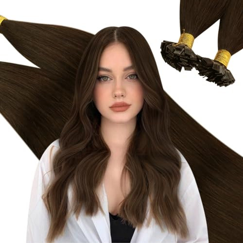 Ugeat Echthaar Extensions Remy Bonding Tips Dunkelbraun 45 cm Hot Fusion Flat Hair Keratin Haarverlangerung Glue in Sticks 1G/S 50Gramm/Paket