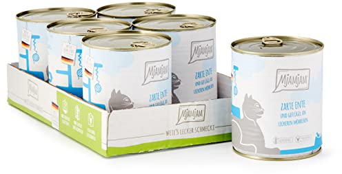 MjAMjAM - Premium Nassfutter für Katzen - zarte Ente & Geflügel an leckeren Möhrchen, 6er Pack (6 x 800 g), getreidefrei mit extra viel Fleisch