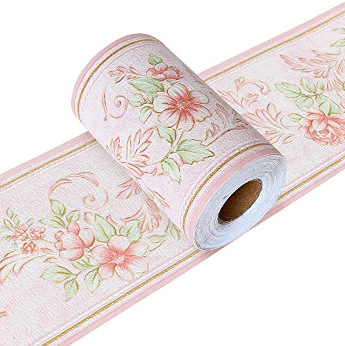 Yoillione Tapetenbordüre Selbstklebend Wandbordüre Bad Bordüre Blumen Rosa, Wasserdichte Klebe Tapete Bordüre Wand Bordüren für Wohnzimmer Badezimmer Schlafzimmer Wanddeko Stciker