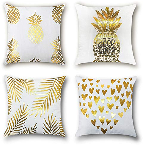 Artscope 4er-Set Dekorativ Kissenbezug 45 x 45 cm, Superweiche Kissenbezüge Dekokissen Kissenhülle Set Kissen Fall für Sofa Auto Schlafzimmer Zuhause Dekor (Heißprägen Ananas/Liebesherz)