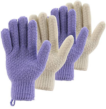 CLEEDY Bath Exfoliating Gloves Scrub - 4 pcs(2 pairs) Lengthened and Large Exfoliating Scrubbing Gloves for Shower, Spa, Massage - Scrub Exfoliating Mitts for Body, Face, Hand （Purple and Beige）