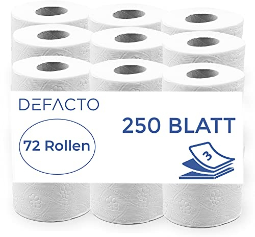 Defacto comfort Toilettenpapier 3-lagig Zellstoff Weiß weich und reißfest, hygienisch, nachhaltig, umweltfreundlich, plastikfrei und aus hochwertigem Zellstoff mit FSC®-Lizenz 144 Rollen 250 Blatt