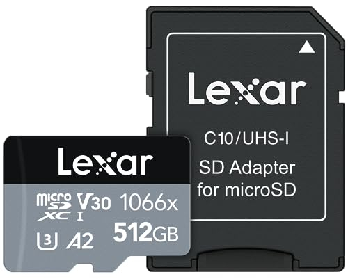 Lexar 512GB Professional 1066x micro SD Card w/SD Adapter, UHS-I, U3, V30, A2, Full HD, 4K, Up to 160/120 MB/s, for Action Cameras, Drones, Smartphones, Tablets, Nintendo-Switch (LMS1066512G-BNANU)