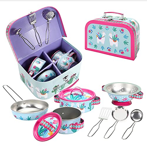 SOKA Llama Metal Kids Kitchen Set Age 3+ with Carry Case - 10 Pcs Illustrated Colourful Design Pretend Role Play Toy Pots and Pans Set Toy Kitchen Accessories for Children Boys Girls