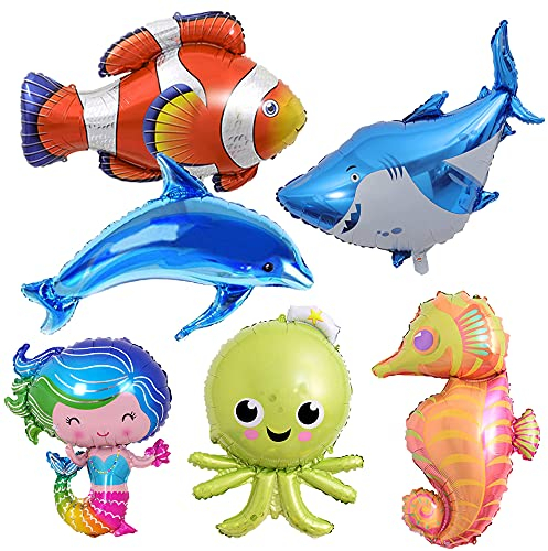 MEZHEN Folienballon Meerestier Luftballons Meerjungfrau Ballons Delfin Luftballon Hai Hippocampus Tropischer Fisch für Kinder Geburtstag Meeres Tier Party Dekoration 6 Stücke