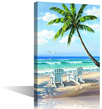 Toile murale peinture à l'huile océan cocotiers sur sable plage paysage marin œuvre d'art nature contemporaine image pour la maison bureau décoration 30,5 x 20,3 cm